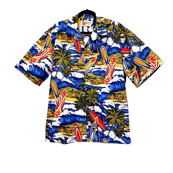 Vtg HILO HATTIE Made In USA Hawaiian Shirt Surfboards Palm Trees Men's Beachy L - Picture 1 of 7